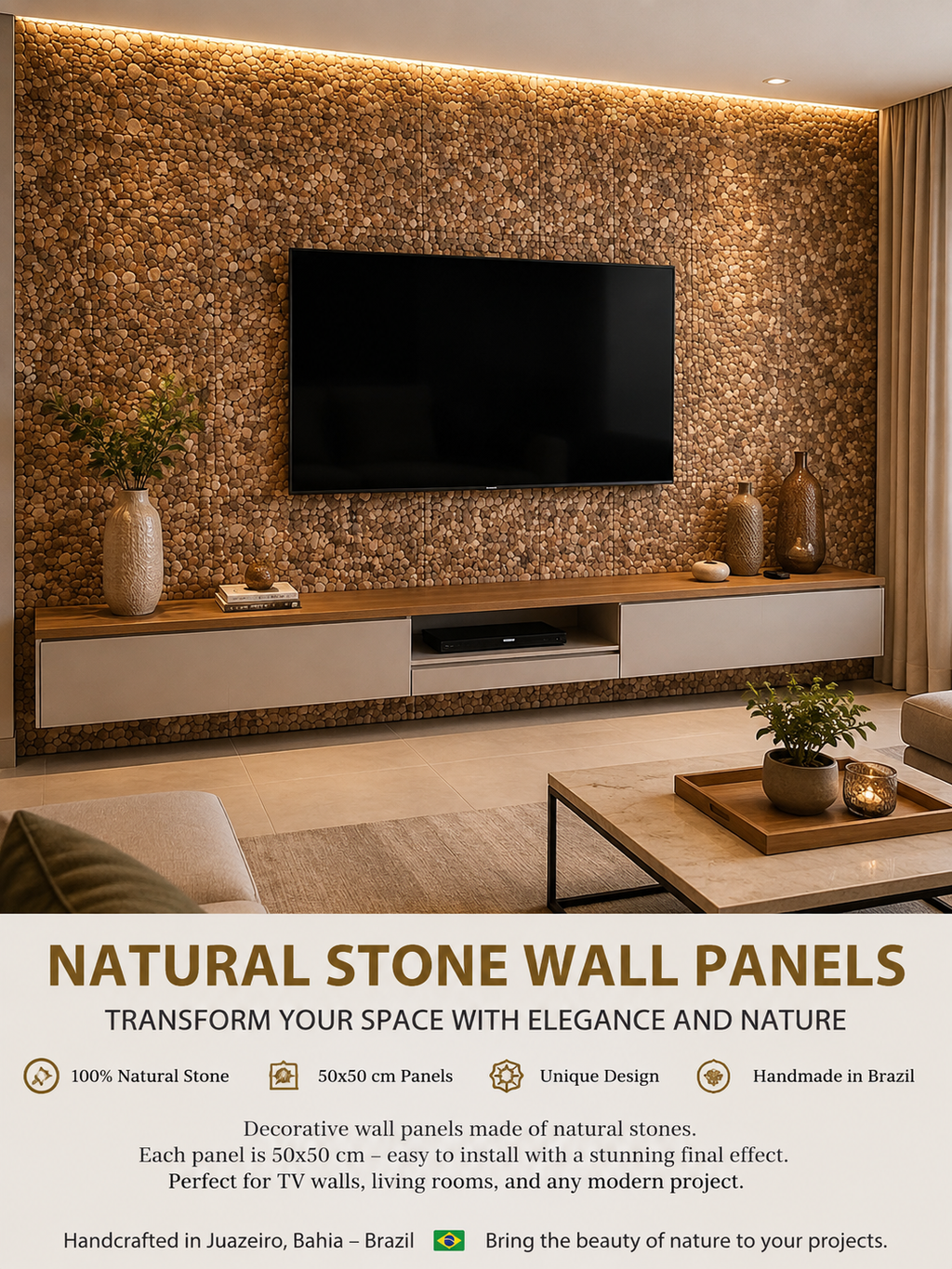 Placa Decorativa Artesanal de Pedras Naturais 50x50 cm